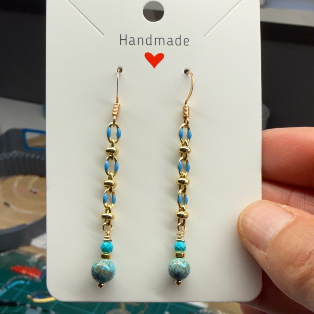 Handmade Gold and Blue Dangle Earrings